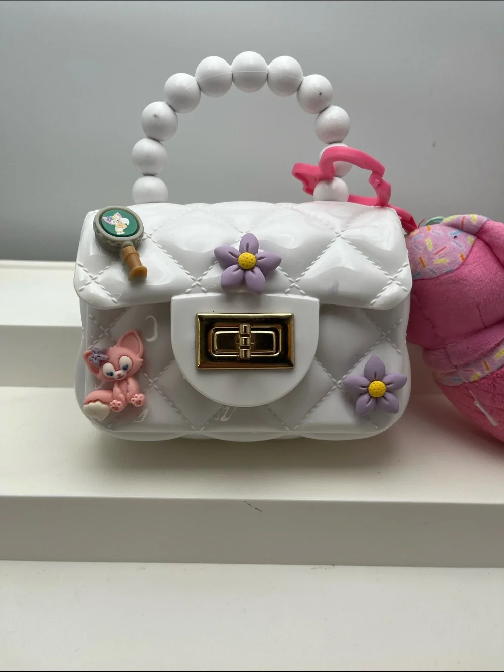 White Quilted Mini Purse with Purple Flower Charms